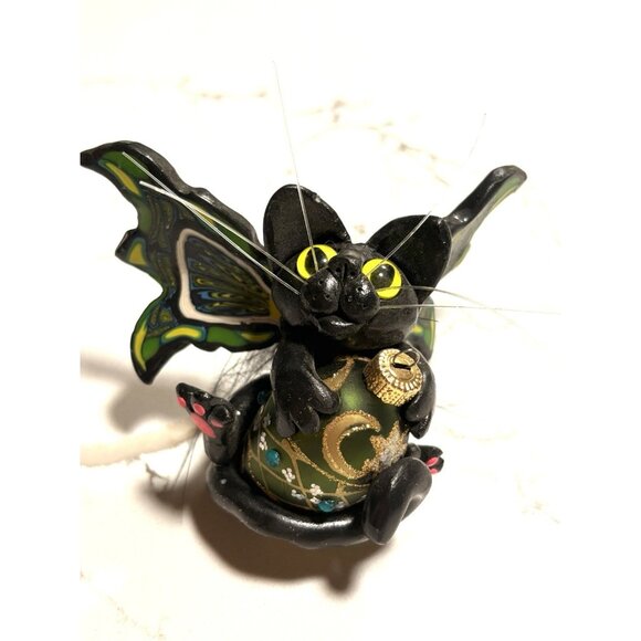 Handcrafted Polymer Clay Black Cat w Wings Holding Glass Ornament Glass Eyes 4” - Picture 1 of 7